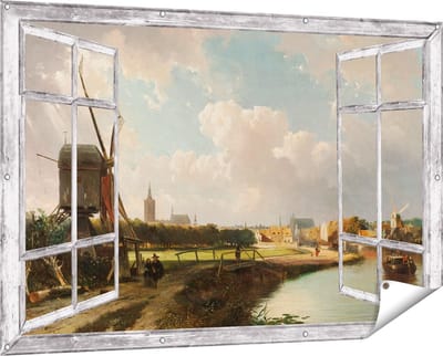 Gards Tuinposter Doorkijk Gezicht op Den Haag vanaf de Delftse Vaart in de Zeventiende Eeuw - Cornelis Springer - 150x100 cm - Tuindoek - Tuindecoratie - Wanddecoratie buiten - Tuinschilderij