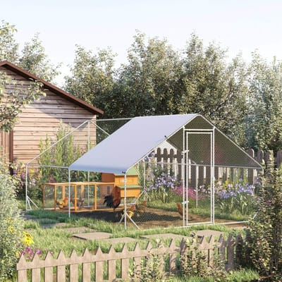 HAUSS SPOLE Hok – XXL Freilaufgehege – 3 x 4 x 2 m – Verzinkt Staal – Zilver – Voor 8-12 Kippen en Kleine Dieren – Met Dak en Slot