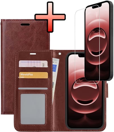 Hoesje - Met Screenprotector - Geschikt voor Apple iPhone 16e / 17e - Luxe Pasjeshouder - Bookcase Portemonee - Flip Case - Kunstleer Book Case - Flipcase - Book Cover - Walletcase - Portemonneehoes - Bruin