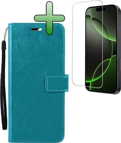 Hoesje Met Screenprotector - Geschikt voor Apple iPhone 16 Pro - Luxe Pasjeshouder - Bookcase Portemonee - Flip Case - Kunstleer Book Case - Flipcase - Book Cover - Walletcase - Portemonneehoes - Turquoise