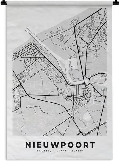 Wandkleed - Wanddoek - België – Nieuwpoort – Stadskaart – Kaart – Zwart Wit – Plattegrond - 120x180 cm - Wandtapijt