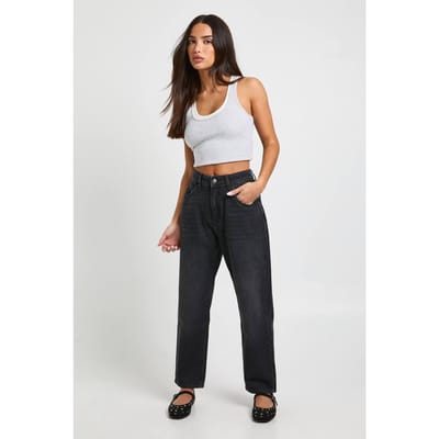 Dames Petite Boohoo Basics Hoge Taille Mom Jeans | Washed Black | Maat: 6/28L