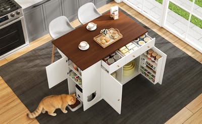 Keukeneiland - Keukenwagen - Sideboard - lades - uitschuifbare werkplaat - kruidenrek - voederplaats huisdieren - zonder kattensteller - Wit - Notenboomkleur 120×(40+30)×90 cm