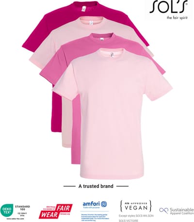4 Pack SOLS Heren T-Shirt 100% katoen Ronde hals Orchidee, Roze, Fuchsia, Zacht Roze Maat S