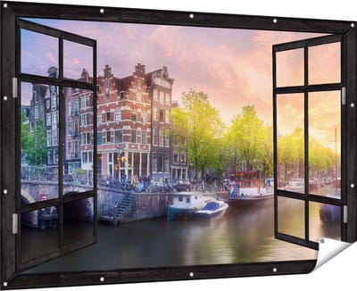 Gards Tuinposter Doorkijk Amsterdamse Grachten - 180x120 cm - Tuindoek - Tuindecoratie - Wanddecoratie buiten - Tuinschilderij