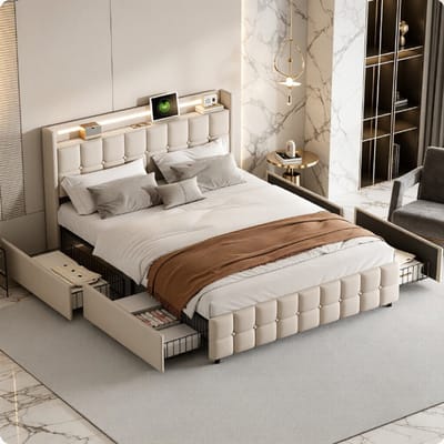 Modern gestoffeerd bed met opbergruimte, 140 x 200 cm, tweepersoonsbed met ledverlichting en oplaadstation, 4 lades, linnen hoes, zonder matras (verzonden in 2 pakketten)