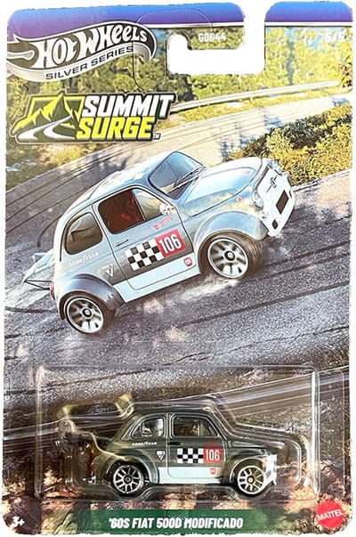 HOT WHEELS '60 FIAT 500D MODIFICADO RALLY SILVER 1:64 HW SUMMIT SURGE SILVER SERIES 5/5 LONG CARD
