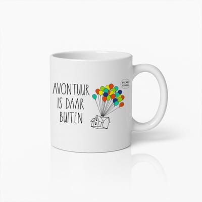 Avontuur Wacht Koffiemok – Inspirerend Pixar Studio Ontwerp met Kleurrijke Ballonnen – Perfect Cadeau voor Dromers