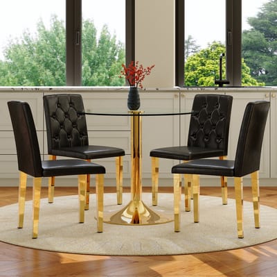 Set Tafel En Stoelen - Ronde Eettafel Met Vier Stoelen - Transparant Gehard Glazen Blad En Gouden Metalen Onderstel - Zwart En Goud