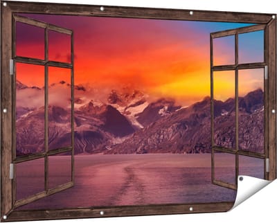 Gards Tuinposter Doorkijk Meer bij de Bergen bij Zonsondergang - 150x100 cm - Tuindoek - Tuindecoratie - Wanddecoratie buiten - Tuinschilderij