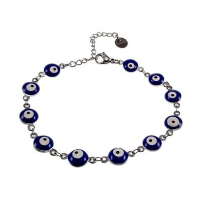 Symbolische Schakelarmband met 8mm Blauwe Turkse Oog, Armband Dames, Gepolijst RVS - Verstelbaar 19 tot 20 cm