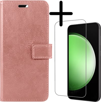 Hoesje Met Screenprotector - Geschikt voor Samsung Galaxy S23 FE - Luxe Pasjeshouder - Bookcase Portemonee - Flip Case - Kunstleer Book Case - Flipcase - Book Cover - Walletcase - Portemonneehoes - Rosé goud