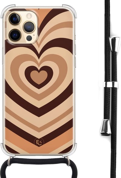 Hoesje met koord geschikt voor iPhone 12 Pro Max - Hart bruin - Inclusief zwart koord - Crossbody beschermhoes - Transparant, Bruin - ELLECHIQ