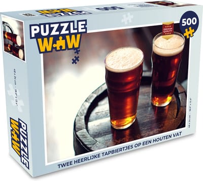Puzzel Twee heerlijke tapbiertjes op een houten vat - Legpuzzel - Puzzel 500 stukjes