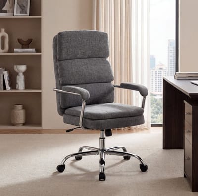 MEUNIQ Bureaustoel home office hoogteverstelbaar 360° draaibaar met vaste armleuningen en wielen, grijze chenille stof, zilverkleurig frame, 120 kg