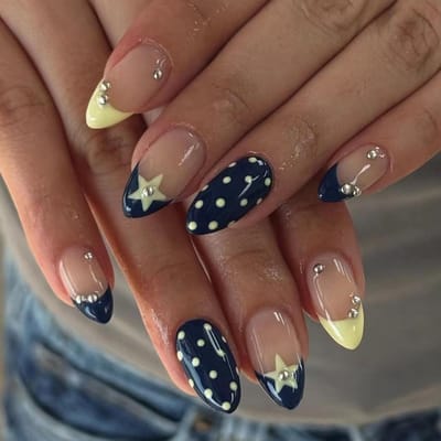OLOEY Blauw Geel Flexibel ABS dagelijks dragen kunstmatige nagels avond feest blauw geel parasol nep nagels