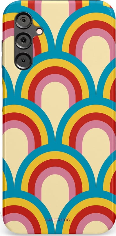 Casetastic hoesje geschikt voor Samsung Galaxy A14 (2023) 5G / Samsung Galaxy A14 (2023) 4G - Dubbellaagse bescherming - Retro regenboog - Fashion Case - Lichtblauw Crème Goud Rood