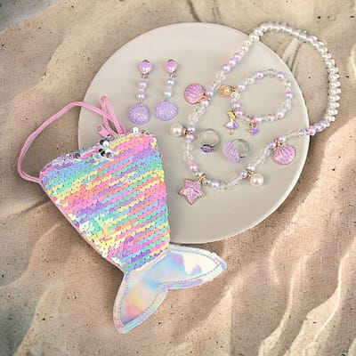 Haar in Stijl® | Parel Sieraad Set Schelp Paars | Sieradenset voor kinderen | Parel Meisjes Sieraden Set paars met schelpen met gratis Zeemeermin Mermaid tasje | Ketting | Armband | Klip-on oorbellen | Ring | Kadotip | Geschenkset