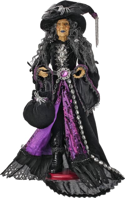 Viv! Christmas Halloween Decoratie Beeld - Enge Heks op Voetstuk - paars zwart - 61 cm