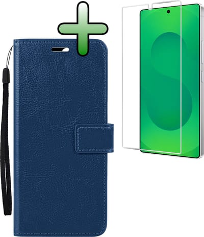 Hoesje Met Screenprotector - Geschikt voor Samsung Galaxy S25 Ultra - Luxe Pasjeshouder - Bookcase Portemonee - Flip Case - Kunstleer Book Case - Flipcase - Book Cover - Walletcase - Portemonneehoes - Donkerblauw