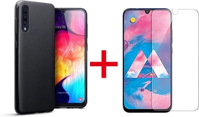 HB Hoesje Geschikt voor Samsung Galaxy A50/ A30s - Siliconen Back Cover + Tempered Glazen Screenprotector - Zwart