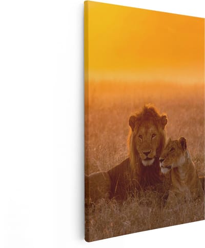 Artaza Canvas Schilderij Leeuw - 80x120 cm - Groot - Wanddecoratie Leeuwenpaar - Muurdecoratie Dieren - Schilderijen Op Canvas Safari
