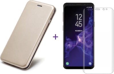 Hoesje geschikt voor Samsung Galaxy S9 - Kunstlederen Wallet Hoesje Goud met Siliconen Houder - Portemonee Hoesje + Glas PET Folie Screen Protector Transparant 0.2mm