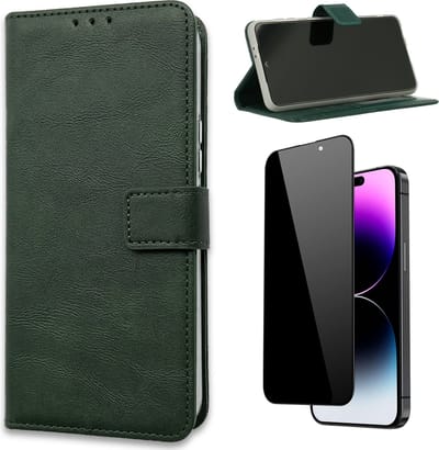 Casemania Hoesje Geschikt voor Apple iPhone 15 Groen & Privacy Screenprotector- Portemonnee Book Case - Kaarthouder & Magneetlipje