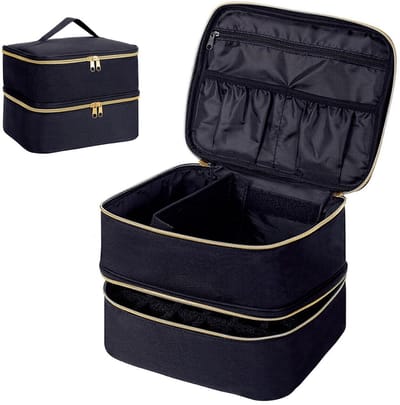 carmdering - Nagellak Organiser - Nagellak Opbergdoos - Dubbel-laags Organizer - Verstelbare Vakken - Capaciteit Voor 30 Flesjes - Polyester Met Spons - Schokabsorberend Design - Ideaal Voor Reizen En Thuisgebruik - 1 Stuk - Zwart