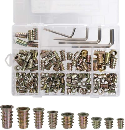Dailygoods- Schroefdraad Insert Moer Zinklegering - Assortiment 149 stks - 9 Specificaties M4/M5/M6/M8 - Inclusief 4 Inbussleutels - Duurzaam en Roestbestendig - Voor Houten Meubels - Schroefmoer