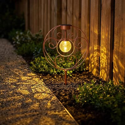 Solarlamp oosterse glazen bol roestkleurige decoratieve lamp tuinlamp aardespike solarlamp metaal voor buiten, metaalglas, 1x LED 0,06W warm wit, LxBxH 30x8,5x41 cm