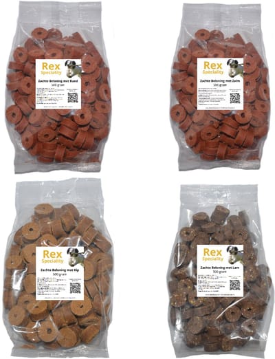 Rex Specialty zachte beloning voor hond mixverpakking: 1x zalm 1x kip 1x rund 1x lam 4 keer 500 gram