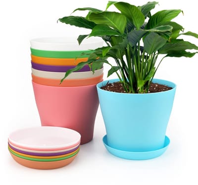 Dailygoods- Plantenpotten 17 cm - 8 Stuks - Kleurrijke Bloempotten - Plastic - Met Lekbakjes - Duurzaam en Herbruikbaar