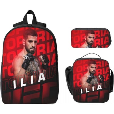 3 Stuks Ilia Topuria Worstelen Worstelaar Rugzak Set voor Kinderen Pennenbakjes Boekentas Sets met Lunchbox Voor School Leerlingen Dagrugzak black