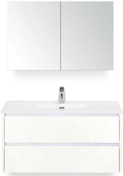 Dante Badmeubelset 100 cm - Wit Hoogglans - Keramische Wastafel Wit Cover met Spiegelkast