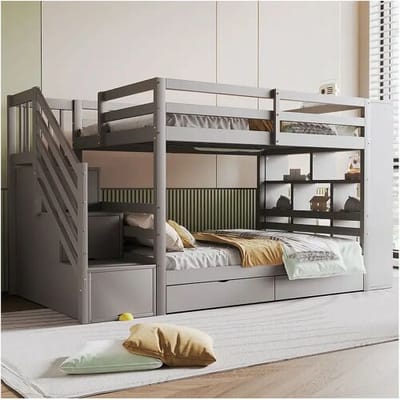 Merax Kinderstapelbed - 2 x 90 x 200 cm - met opbergladder + 2 lades + grote kasten - hout - grijs