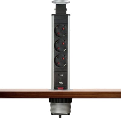 DELIGHT - Inbouw Pop-Up Tafelblad Stekkerdoos met 2X USB en 3 Stopcontacten - Zilver
