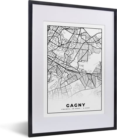 Fotolijst incl. Poster Zwart Wit- Gagny - Stadskaart – Plattegrond – Kaart – Frankrijk - Zwart wit - 30x40 cm - Posterlijst