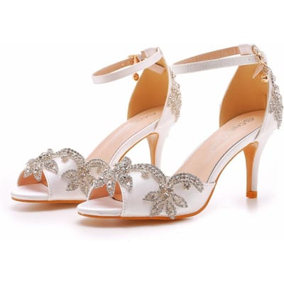 7cm Zijde Satine Stof Bruid Vismond Hoge Hak Sandalen Ondiepe Mond Eén Maat Grote Maat Strass Bruiloft Ronde Neus Dunne Hak Sandalen 43 beige
