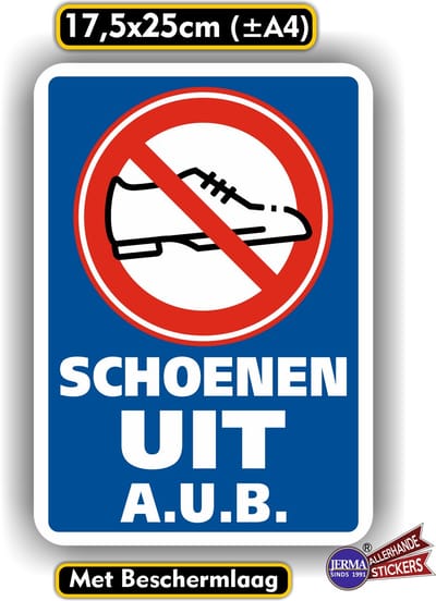 Jerma - Schoenen uit a.u.b.- Sticker (L) 17.5 x 25 cm - Waterbestendig - Vinyl - Zelfklevend