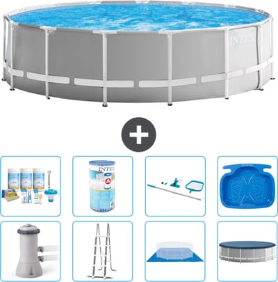 Intex Rond Prism Frame Zwembad - 457 x 122 cm - Grijs - Inclusief Pomp - Ladder - Grondzeil - Afdekzeil Onderhoudspakket - Filter - Schoonmaakset - Voetenbad