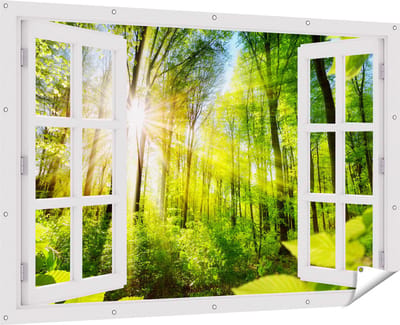 Gards Tuinposter Doorkijk Weg Omringd met Bomen in het Bos - 180x120 cm - Tuindoek - Tuindecoratie - Wanddecoratie buiten - Tuinschilderij