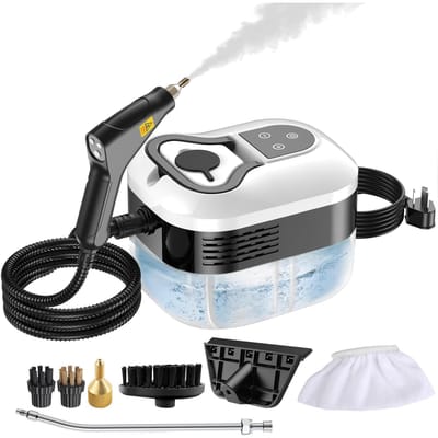 Nettoyeur à vapeur portatif 1500 W avec une pression de 4,5 bars – Réservoir d'eau de 1200 ml, 6 réglages réglables pour les voitures, les unités de climatisation, les sols et les cuisines blanc