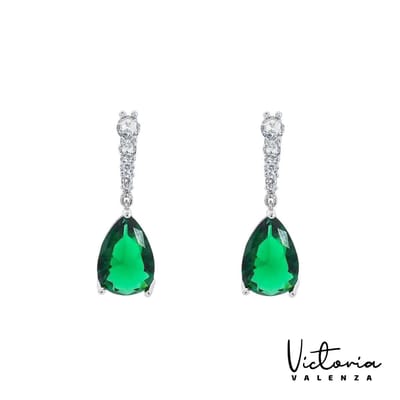 Victoria Valenza Cologne Victoria Valenza Arezzo Luxe Oorbellen Dames Messing Oorhangers Dames - Groene Steen - Kleur Silver - 1 Paar