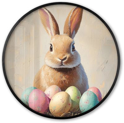 Poster in lijst Rond - Fotolijst 60x60 cm - Posters - Paashaas - Pastel - Eieren - Ronde posterlijst zwart - Decoratie - Wanddecoratie woonkamer - Muurdecoratie slaapkamer