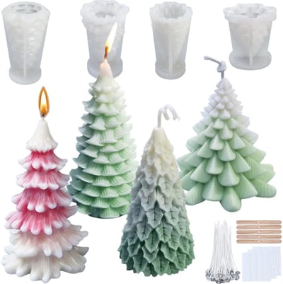 longziming -4-delige Kaarsenmaakset voor Kerstboomkaarsen, DIY Geurkaarsen, Siliconen Mallen, Lonten, Lonthouders en Stickers
