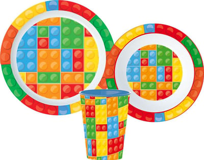 Bricks Lego Serviesset - Beker 260 ml - Diepe kom - Plat bord - 3 stuks - Lego pattern - Eetset - Voor verjaardagen en feestjes - Voor kinderen