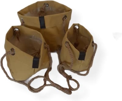 Plantenhanger - Mand - Textiel - Hangmand aan touw - Plantenzak - Planten pot - Plantentas - Oker Geel - 15cm