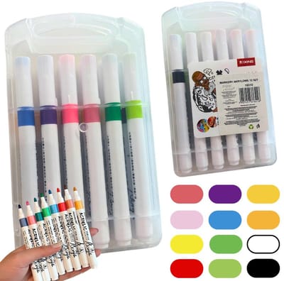 Acrylmarkers in opbergdoos 12 stuks, in verschillende kleuren, voor glas, plastic, metaal en hout +
