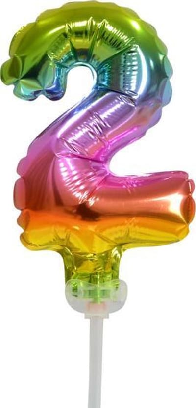 KLEIN Cijferballon 2 Rainbow – Cake Topper FLOWERDECOR – Mini Folieballon op Stokje – 13 cm